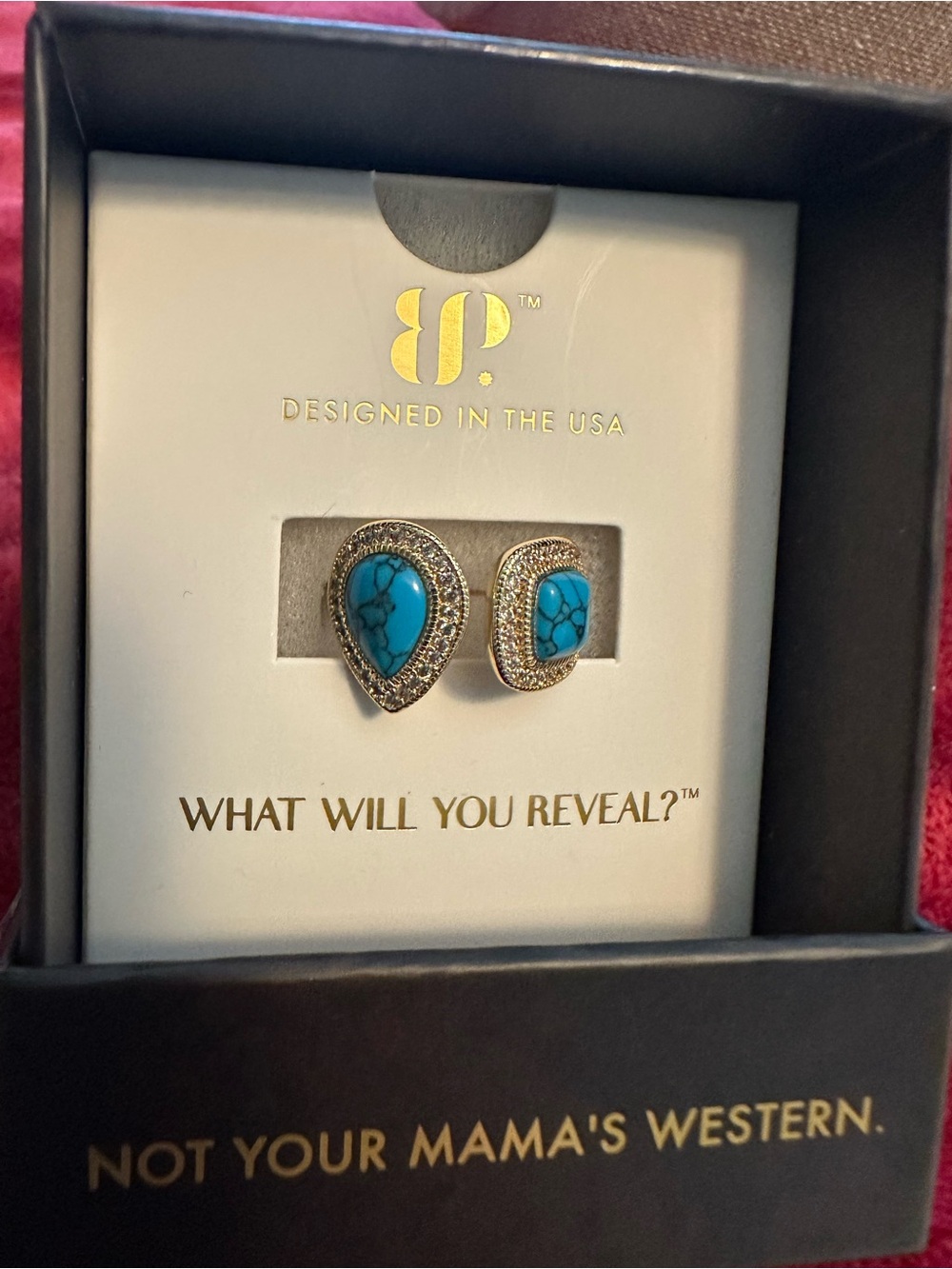 bp Turquoise Teardrop and Oval Gold-Trim Stud Ring